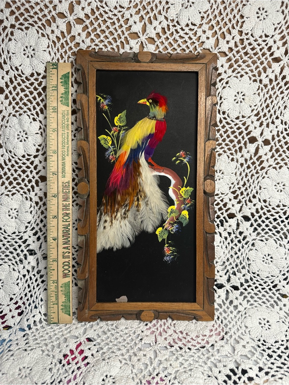 Rare Vintage Handcrafted Mexican Folk Feather Bird Wall Art